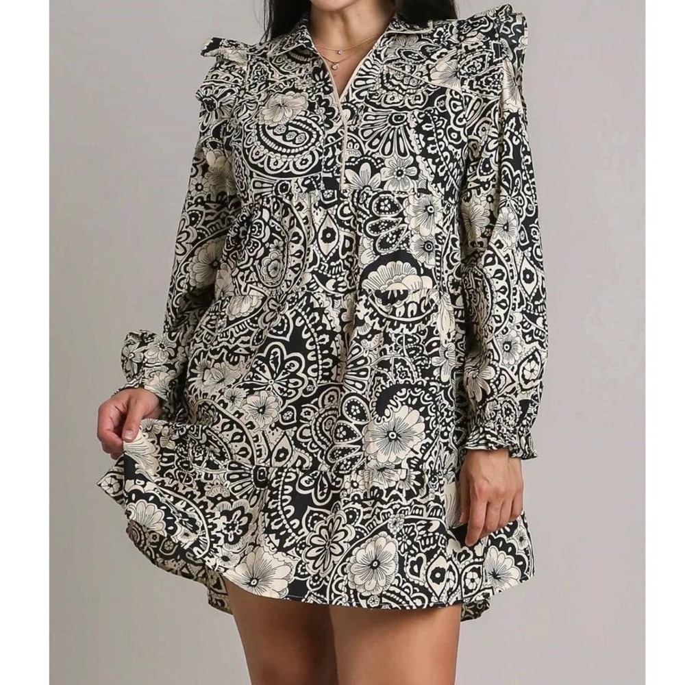 Umgee USA Black Cream Paisley Floral Ruffle Babydoll Mini Dress Medium boho  q3